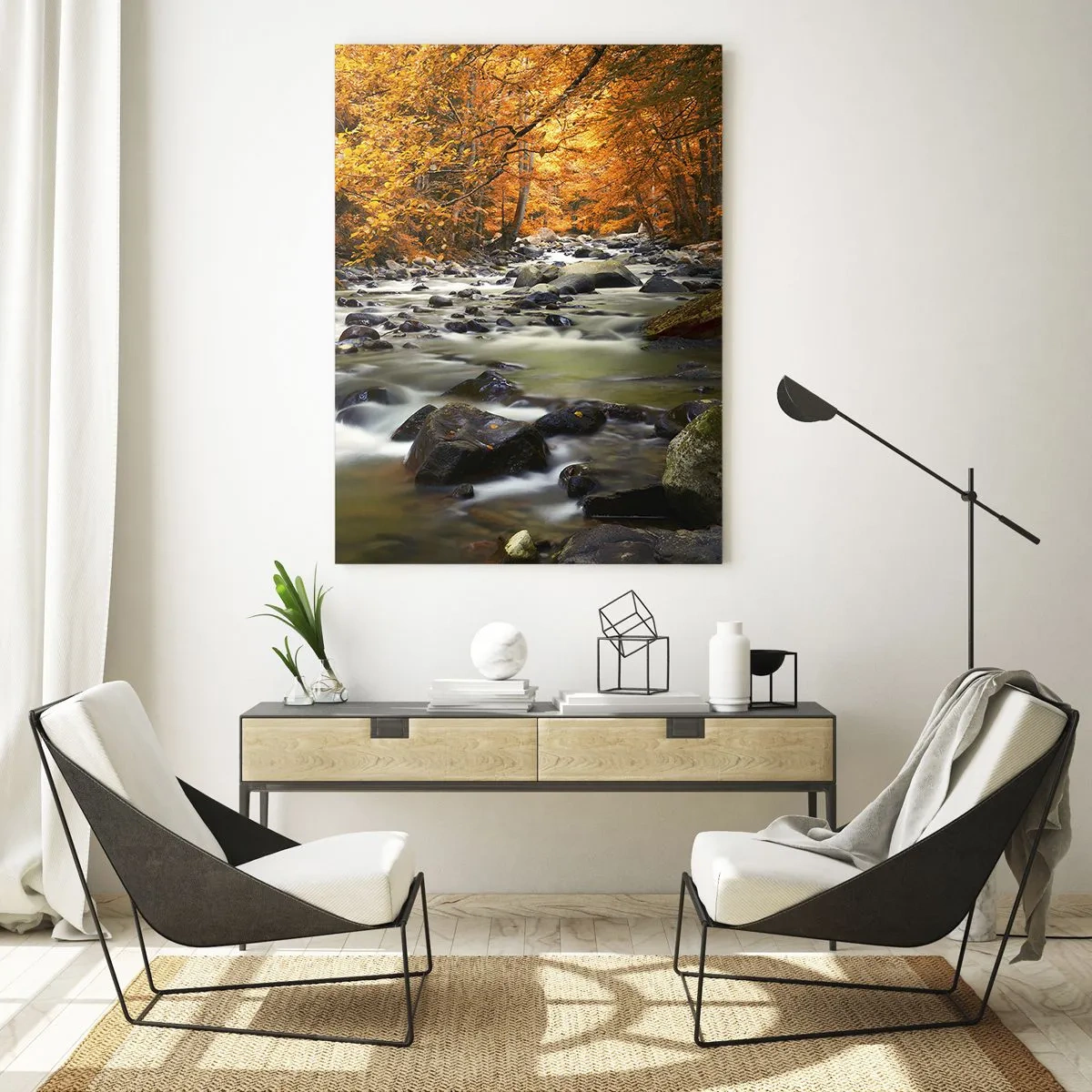 Impression sur verre - Image sur verre - Forêt d'automne avec un ruisseau et des pierres - 50x70cm - Un ruisseau dans une forêt dorée - Décoration murale moderne pour le salon et la chambre ARTTOR