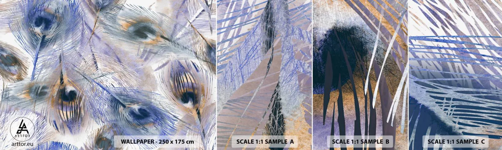 Échantillon de Papier Peint Autocollant Deluxe Sticker - Composition de paon - Abstraction, Plume de paon, Bohème - 100x30 cm