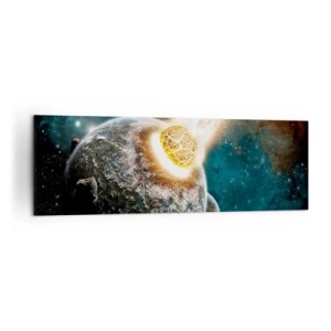 Impression sur toile - Image sur toile - Collision cosmique d'une planète avec un astéroïde à proximité de la galaxie. - 160x50cm - Destruction ou naissance? - Décoration murale moderne pour le salon et la chambre ARTTOR