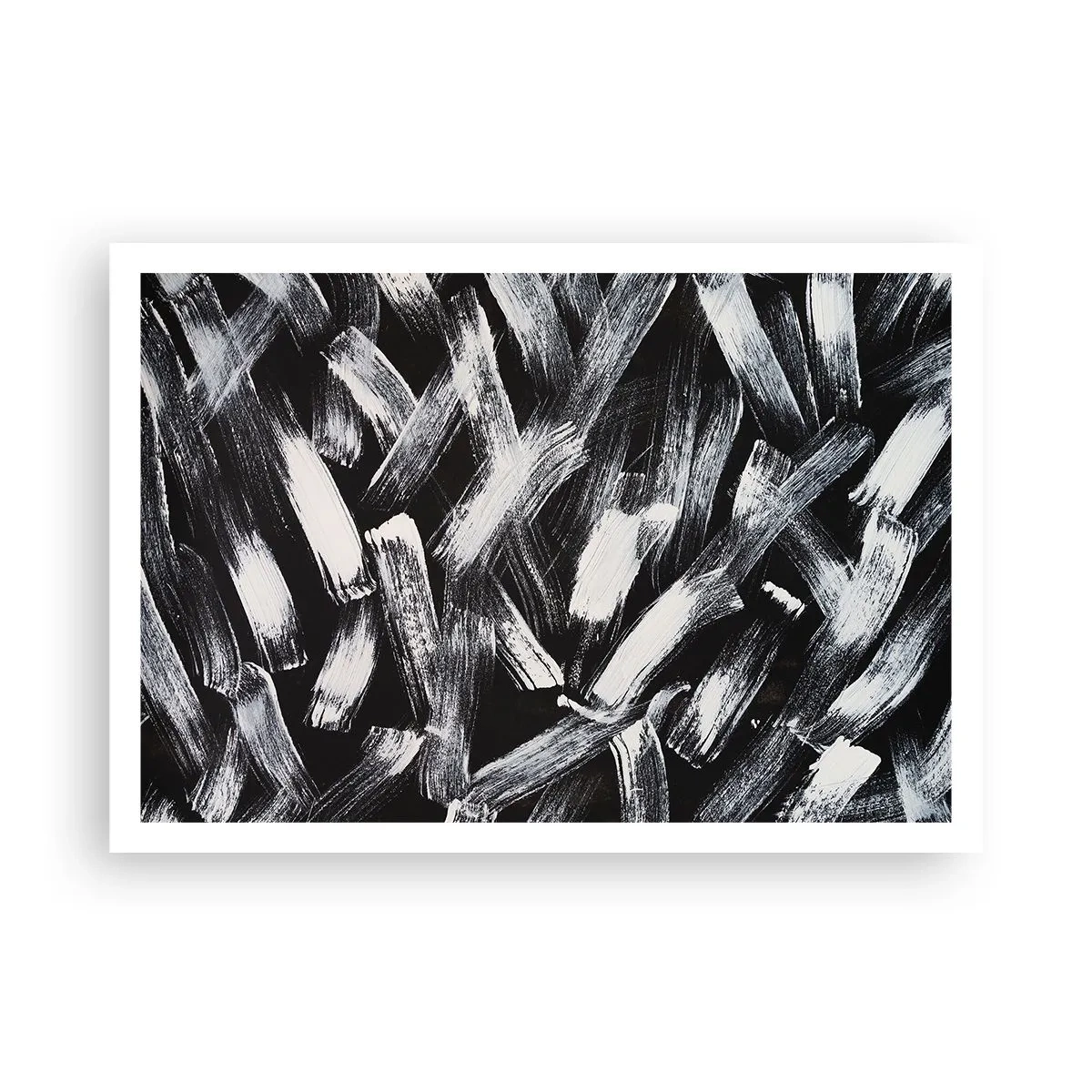 Affiche - Poster - Abstraction dynamique avec des coups de pinceau blancs sur fond noir. - 100x70cm - L'abstraction dans l'esprit industriel - Décoration murale moderne pour le salon et la chambre ARTTOR