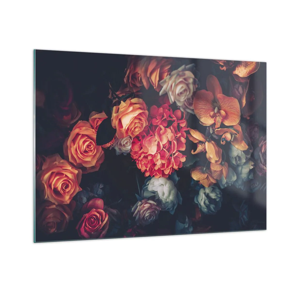 Impression sur verre - Image sur verre - Composition florale sombre avec des roses et des orchidées - 100x70cm - Comme chez les maîtres hollandais - Décoration murale moderne pour le salon et la chambre ARTTOR