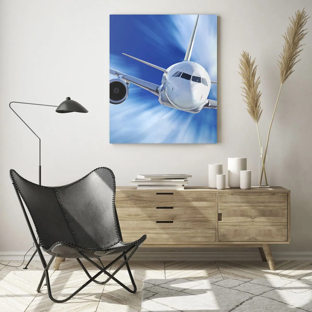 Impression sur verre - Image sur verre - Un avion de ligne contre un ciel bleu dynamique - 50x70cm - Plus vite que le vent dans le ciel - Décoration murale moderne pour le salon et la chambre ARTTOR