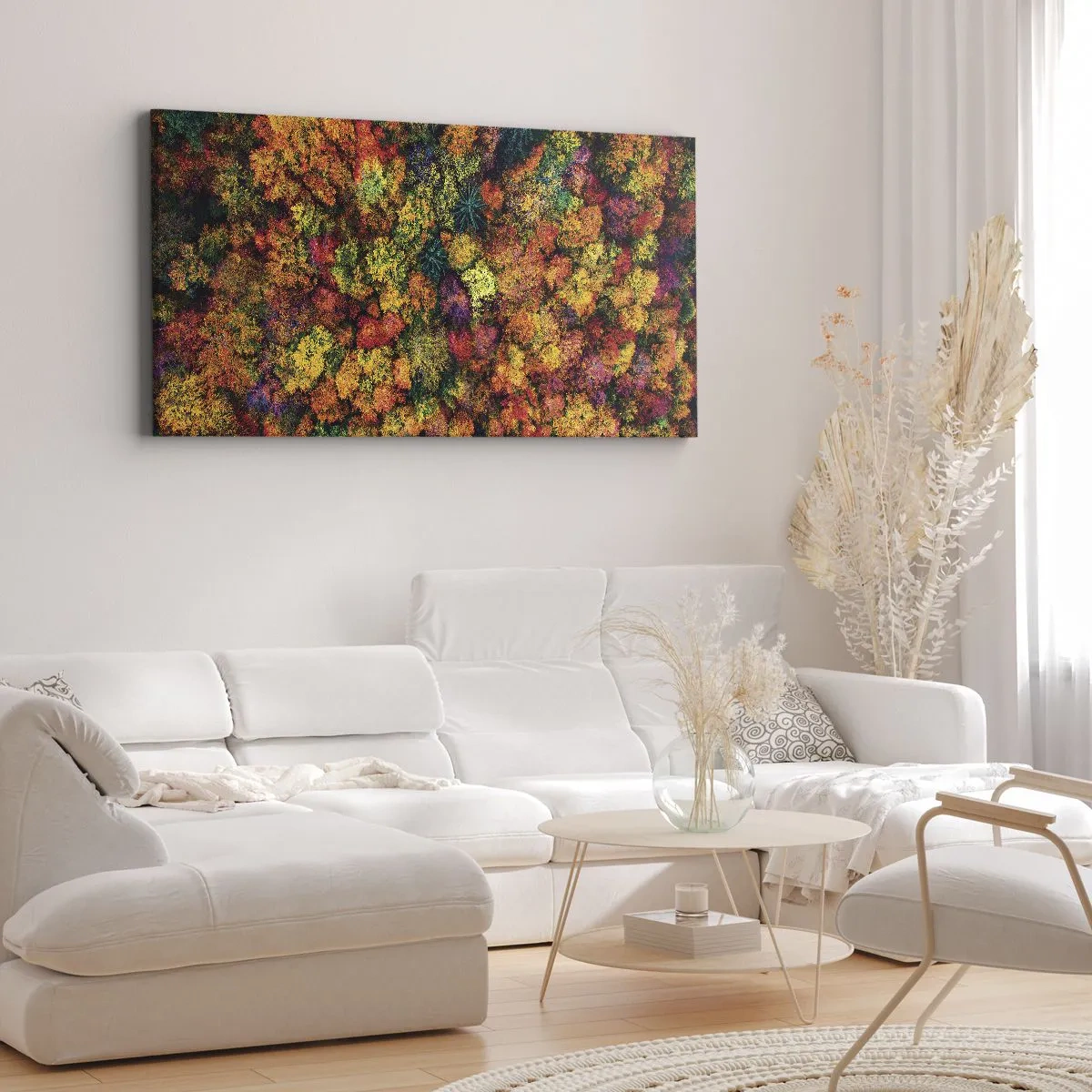 Impression sur toile - Image sur toile - Couronnes d'arbres colorées dans la palette d'automne - 160x50cm - Bouquet d'arbres automnal - Décoration murale moderne pour le salon et la chambre ARTTOR