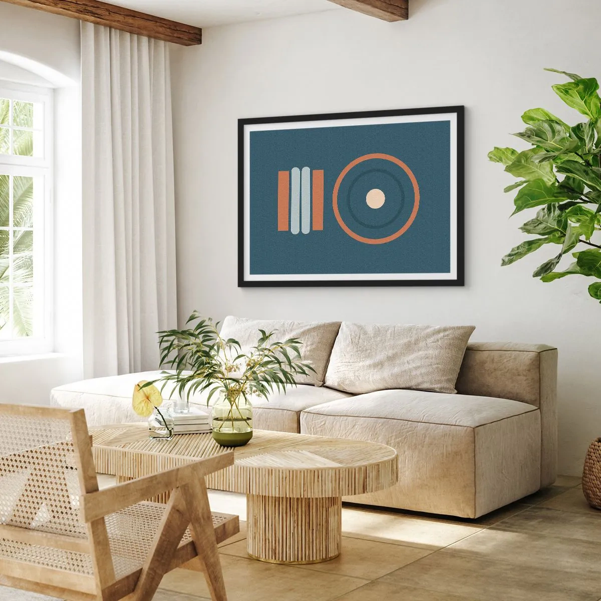 Affiche dans un cadre noir - Poster - Une composition géométrique avec des cercles et des rectangles aux couleurs sobres. - 100x70cm - Essence des choses - Décoration murale moderne pour le salon et la chambre ARTTOR