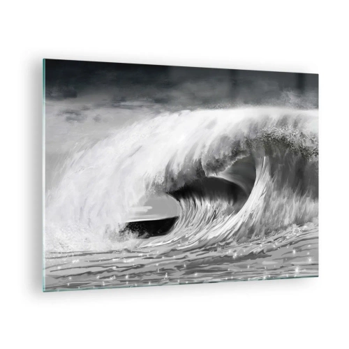 Impression sur verre - Image sur verre - Une vague puissante capturée dans une esthétique en noir et blanc - 70x50cm - La colère de l'océan - Décoration murale moderne pour le salon et la chambre ARTTOR