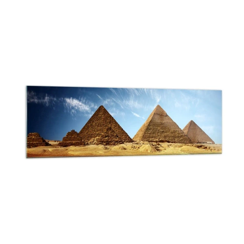 Impression sur verre - Image sur verre - Les pyramides de Gizeh contre un ciel bleu et un paysage désertique - 160x50cm - 40 siècles vous regardent - Décoration murale moderne pour le salon et la chambre ARTTOR