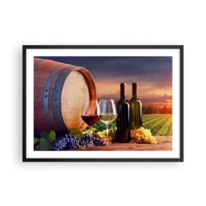 Affiche dans un cadre noir - Poster - Du vin, des verres et un tonneau dans un paysage pittoresque - 70x50cm - Ici la vie a du goût - Décoration murale moderne pour le salon et la chambre ARTTOR
