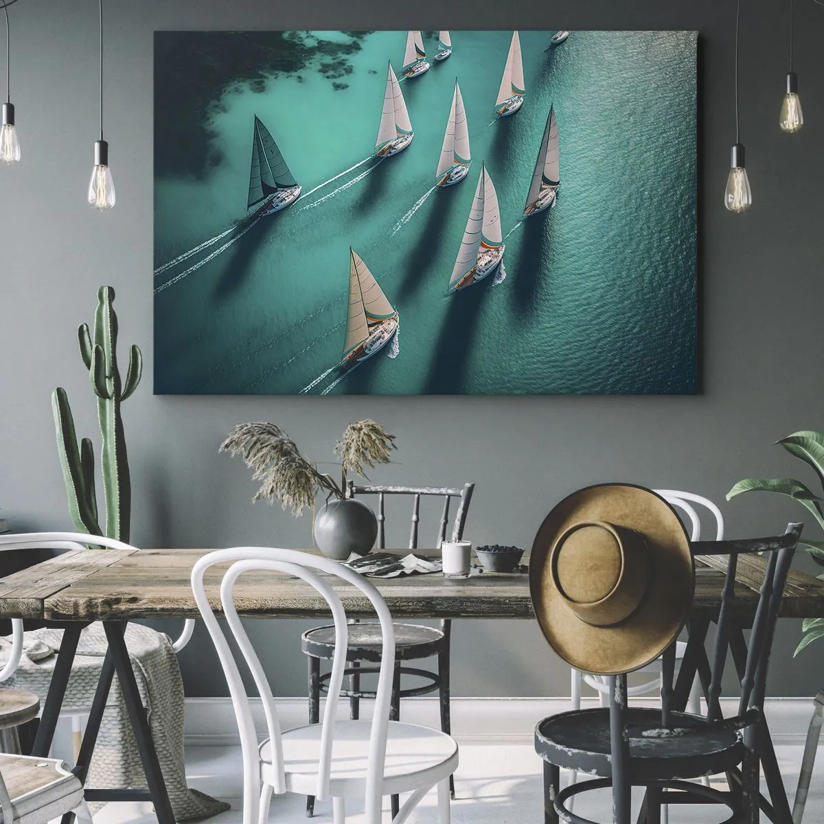 Impression sur toile - Image sur toile - Yachts sur l'eau turquoise en mouvement dynamique - 120x80cm - Dans une compétition avec le vent - Décoration murale moderne pour le salon et la chambre ARTTOR
