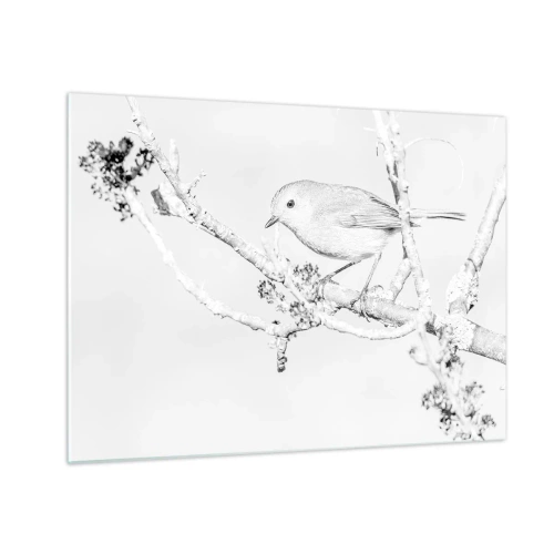 Impression sur verre - Image sur verre - Un oiseau perché sur une branche dans une scène hivernale monochrome. - 70x50cm - Matin d'hiver - Décoration murale moderne pour le salon et la chambre ARTTOR