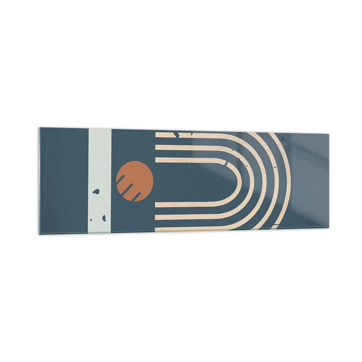 Impression sur verre - Image sur verre - Motif géométrique dans les tons bleu marine, beige et orange sur fond sombre - 160x50cm - Géométrie sur la grenade - Décoration murale moderne pour le salon et la chambre ARTTOR