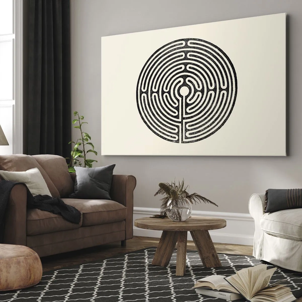 Impression sur toile - Image sur toile - Labyrinthe circulaire noir et blanc sur fond clair - 100x70cm - Ordre mystérieux - Décoration murale moderne pour le salon et la chambre ARTTOR