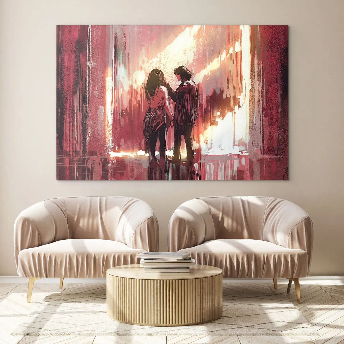 Impression sur verre - Image sur verre - Un couple dans la lumière chaleureuse d'un décor abstrait - 120x80cm - L'éternel spectacle de l'amour - Décoration murale moderne pour le salon et la chambre ARTTOR