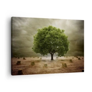 Impression sur toile - Image sur toile - Un arbre vert entouré de troncs d'arbres abattus contre un ciel nuageux - 70x50cm - Tout l'espoir - Décoration murale moderne pour le salon et la chambre ARTTOR
