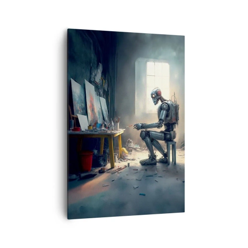 Impression sur toile - Image sur toile - Un robot peignant un tableau dans un atelier d'art - 70x100cm - L'acte de création - Décoration murale moderne pour le salon et la chambre ARTTOR