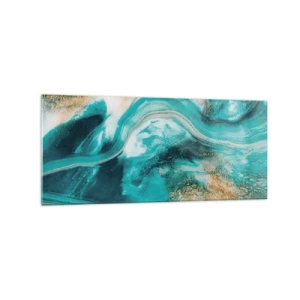 Impression sur verre - Image sur verre - Abstraction turquoise avec des accents blancs et dorés - 120x50cm - Rivière d'or - Décoration murale moderne pour le salon et la chambre ARTTOR