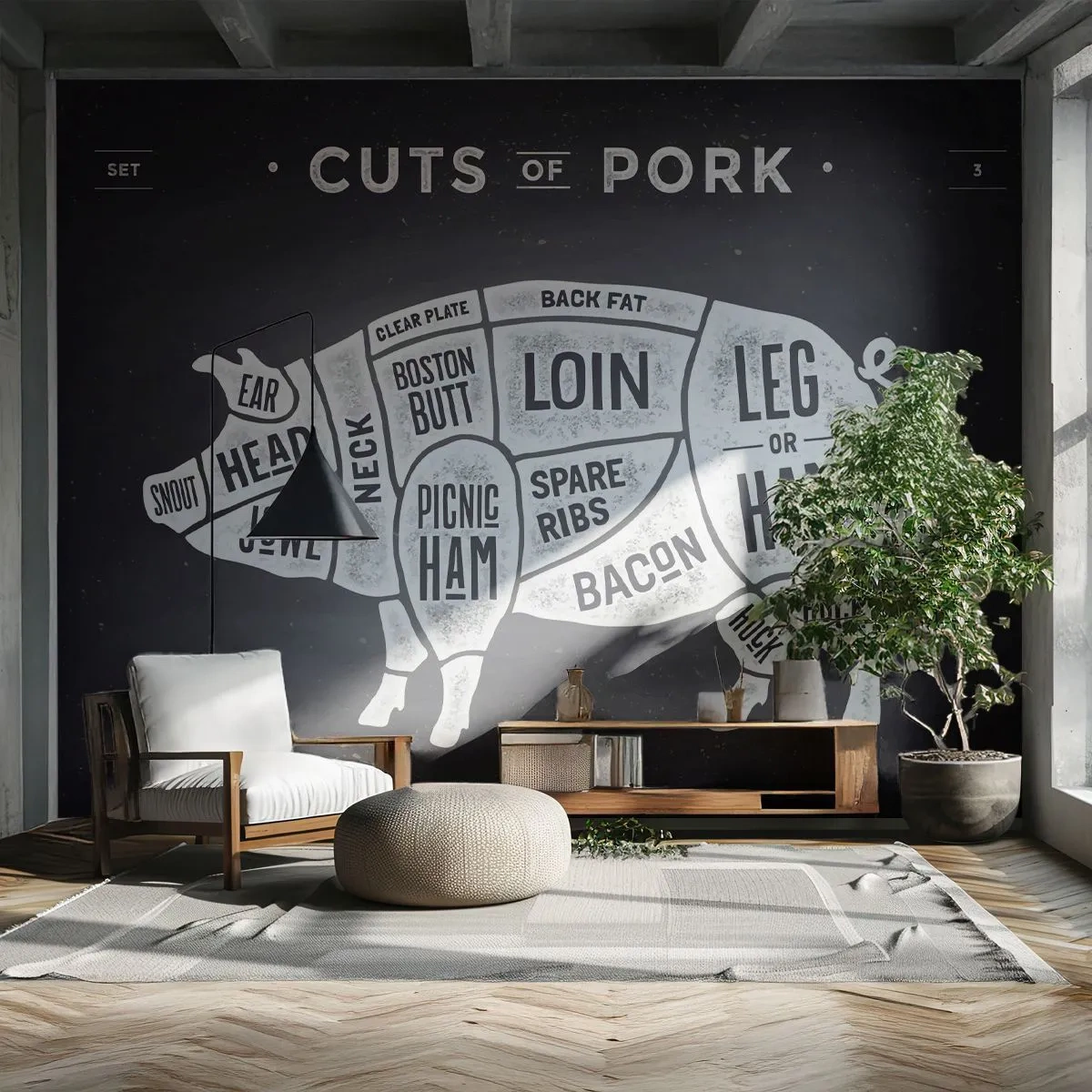 Papier Peint Autocollant Deluxe Sticker - L'art de la découpe - La gastronomie, Animal Cochon, Porc - 500x350 cm