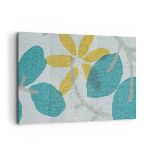 Impression sur toile - Image sur toile - Feuilles aux tons turquoise et jaune sur fond clair - 120x80cm - Wśród lazurowych liści - Décoration murale moderne pour le salon et la chambre ARTTOR