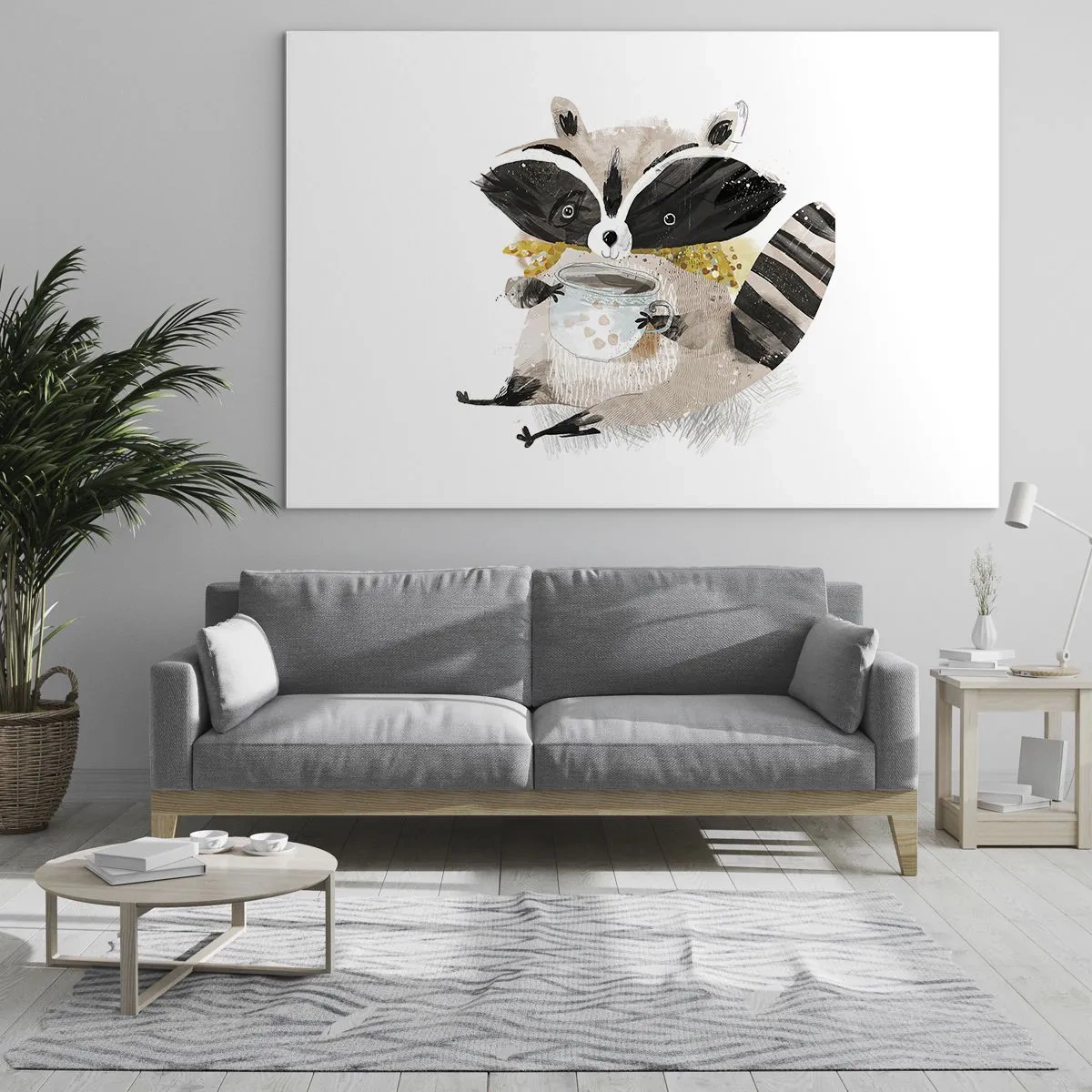 Impression sur verre - Image sur verre - Un raton laveur mignon tenant une tasse de boisson - 70x50cm - Mon ami le raton laveur - Décoration murale moderne pour le salon et la chambre ARTTOR