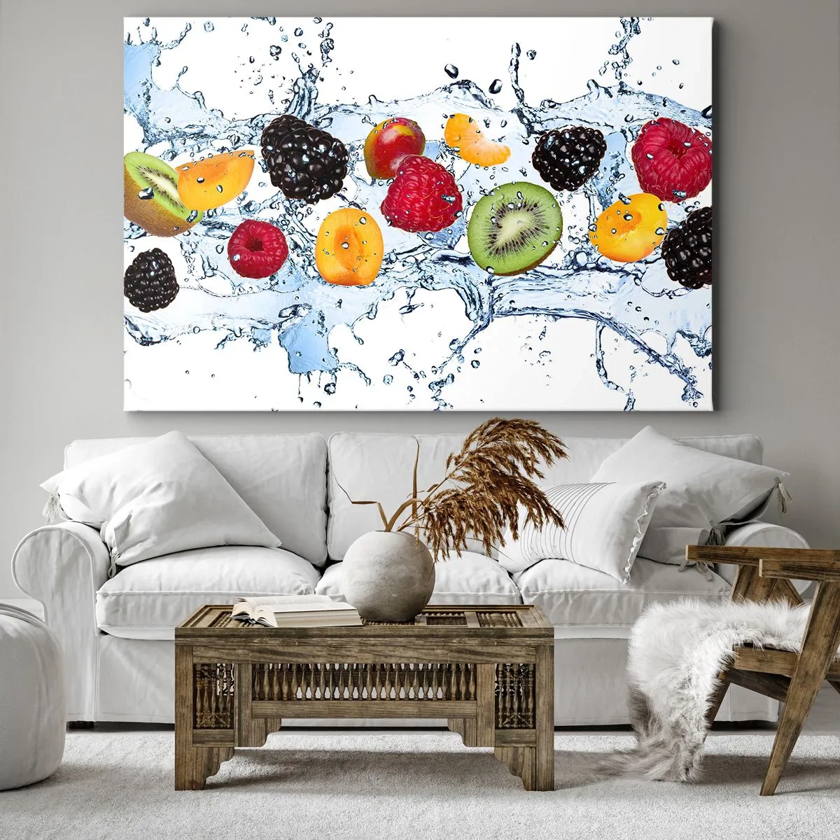 Impression sur toile - Image sur toile - Fruits colorés immergés dans des éclaboussures d'eau sur un fond blanc - 120x80cm - Amusez-vous avec nous - Décoration murale moderne pour le salon et la chambre ARTTOR