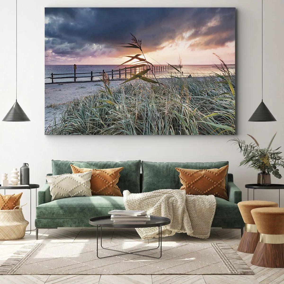 Impression sur toile - Image sur toile - Plage au coucher du soleil avec des herbes au premier plan - 70x50cm - Ça ne passe pas avec le vent - Décoration murale moderne pour le salon et la chambre ARTTOR