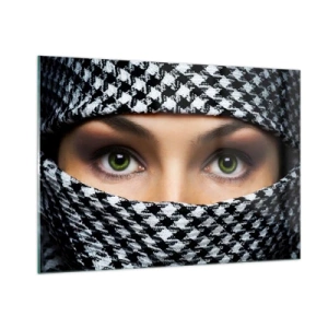 Impression sur verre - Image sur verre - Yeux verts entourés d'un motif noir et blanc - 100x70cm - Un portrait d'une beauté voilée aux yeux verts - Décoration murale moderne pour le salon et la chambre ARTTOR