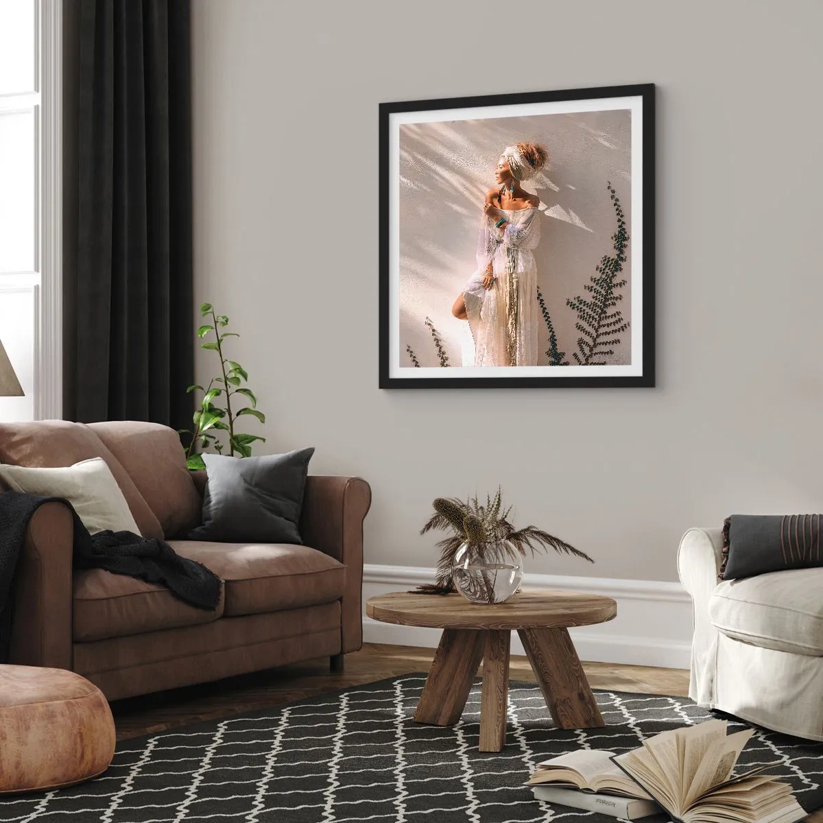 Affiche dans un cadre noir - Poster - Le soleil et la fille - 60x60 cm