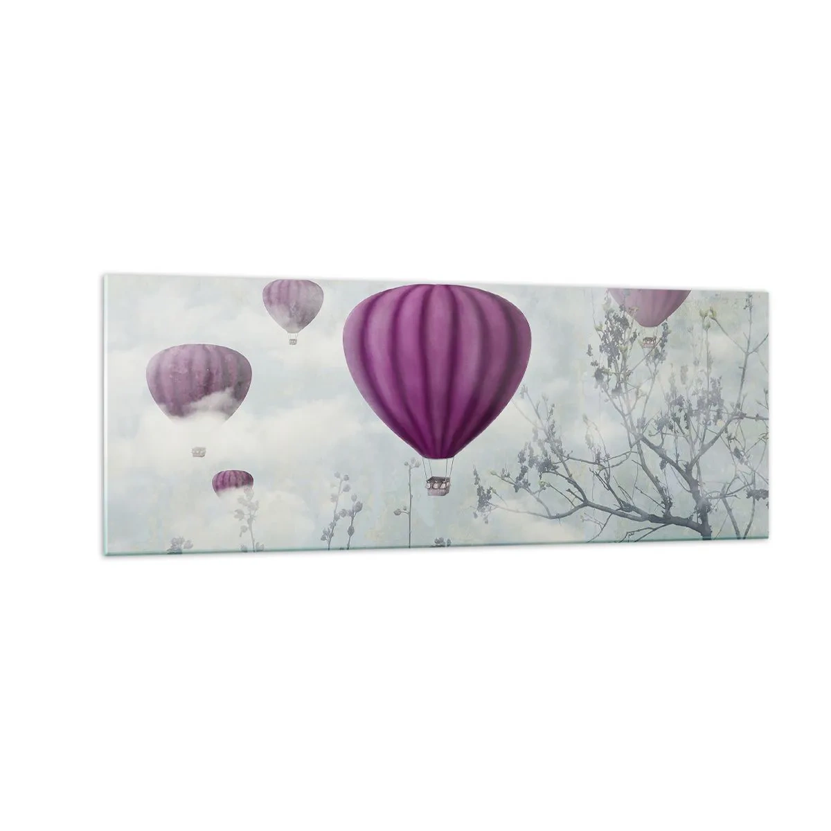 Impression sur verre - Image sur verre - Des ballons violets flottant au-dessus des arbres dans les nuages - 140x50cm - Comme des navires dans le ciel - Décoration murale moderne pour le salon et la chambre ARTTOR