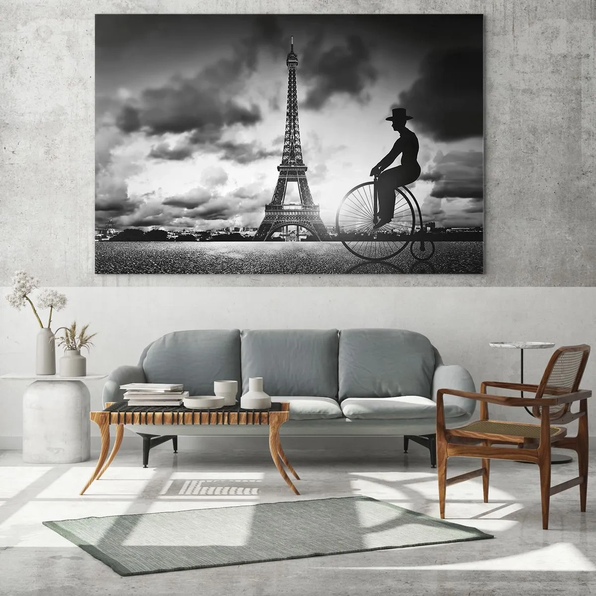 Impression sur verre - Image sur verre - Tour Eiffel avec vélo rétro en noir et blanc - 70x50cm - Nostalgie de la Belle Epoque - Décoration murale moderne pour le salon et la chambre ARTTOR