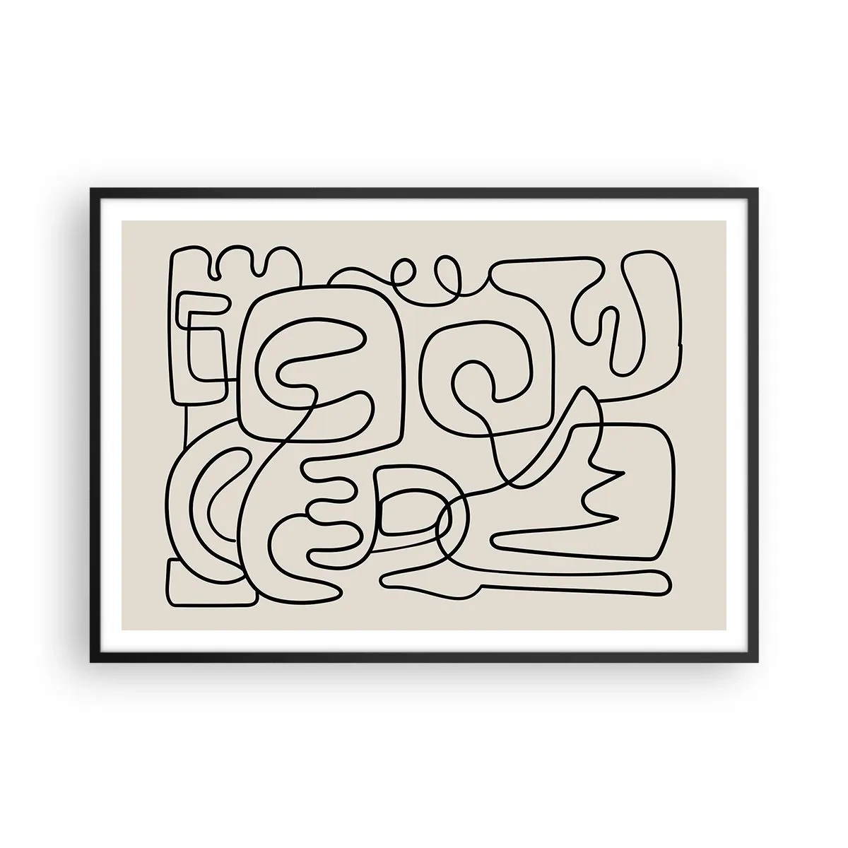 Affiche dans un cadre noir - Poster - Motif d'art linéaire abstrait en noir sur fond clair - 100x70cm - Suivez les indices - Décoration murale moderne pour le salon et la chambre ARTTOR