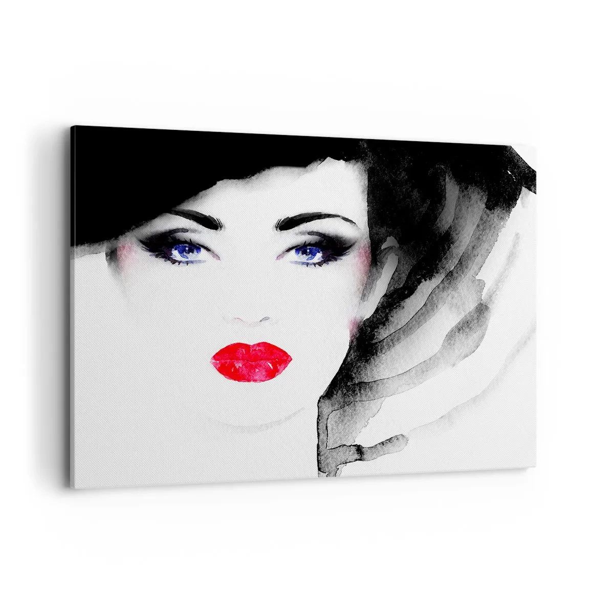 Impression sur toile - Image sur toile - Portrait d'une femme aux lèvres rouges et aux yeux bleus intenses - 120x80cm - Elle repousse et attire - Décoration murale moderne pour le salon et la chambre ARTTOR