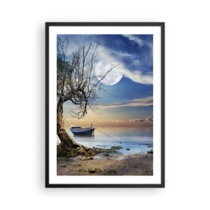 Affiche dans un cadre noir - Poster - Paysage avec un bateau, un arbre et la lune sur fond d'eau calme - 50x70cm - Est-ce la fin ou le début ? - Décoration murale moderne pour le salon et la chambre ARTTOR