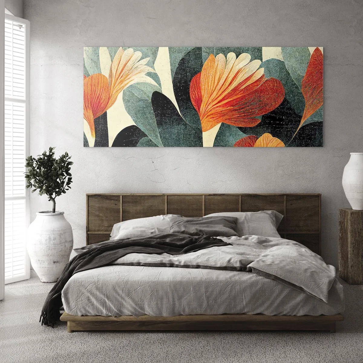 Impression sur verre - Image sur verre - Fleurs aux tons intenses d'orange et de vert - 120x50cm - La chaleur des tropiques et la fraîcheur de la verdure - Décoration murale moderne pour le salon et la chambre ARTTOR