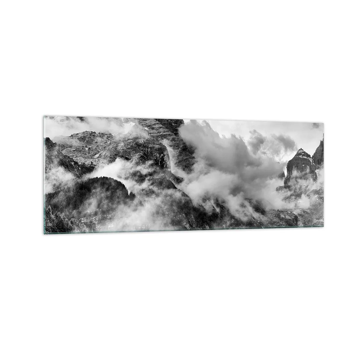 Impression sur verre - Image sur verre - Vue en noir et blanc de montagnes entourées de nuages - 140x50cm - Belle et cruelle - Décoration murale moderne pour le salon et la chambre ARTTOR