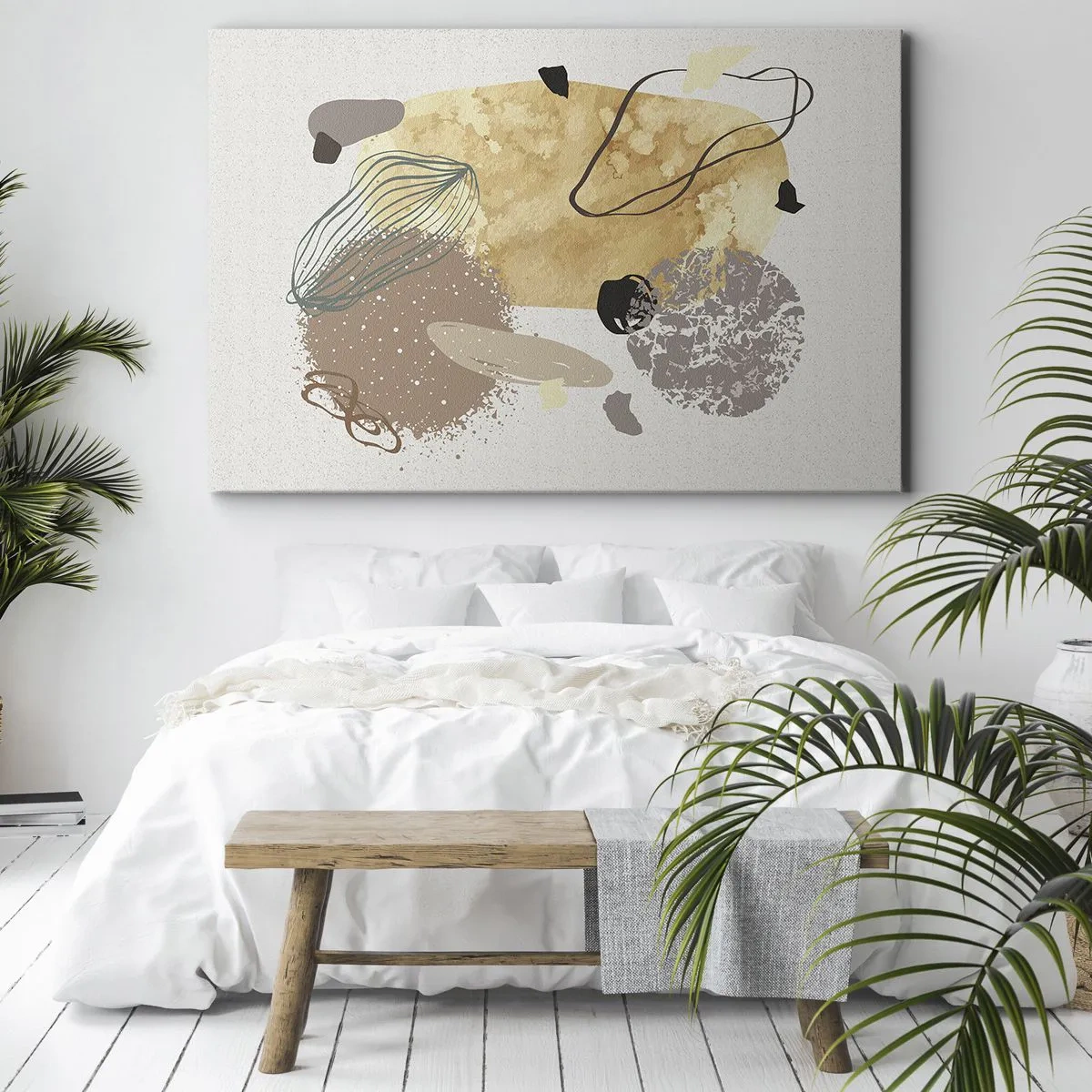 Impression sur toile - Image sur toile - Une composition de formes abstraites en beige et jaune. - 120x80cm - Plumcologie appliquée - Décoration murale moderne pour le salon et la chambre ARTTOR