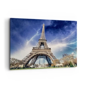 Impression sur toile - Image sur toile - La Tour Eiffel avec un ciel orageux et des éclairs en arrière-plan - 100x70cm - Maître des tempêtes - Décoration murale moderne pour le salon et la chambre ARTTOR
