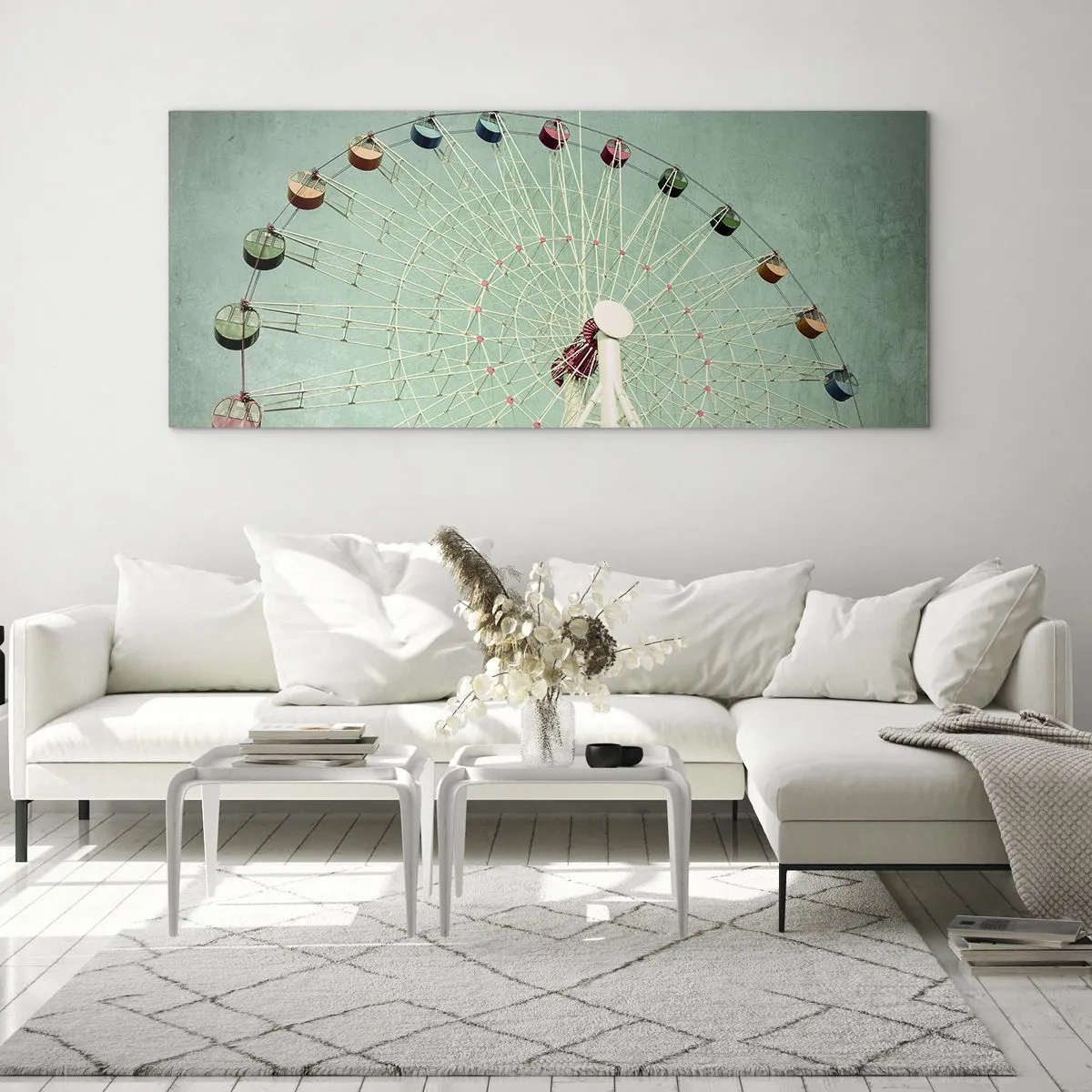 Impression sur verre - Image sur verre - Une grande roue colorée contre un ciel bleu dans un style rétro - 160x50cm - Nous vous invitons à vous amuser - Décoration murale moderne pour le salon et la chambre ARTTOR