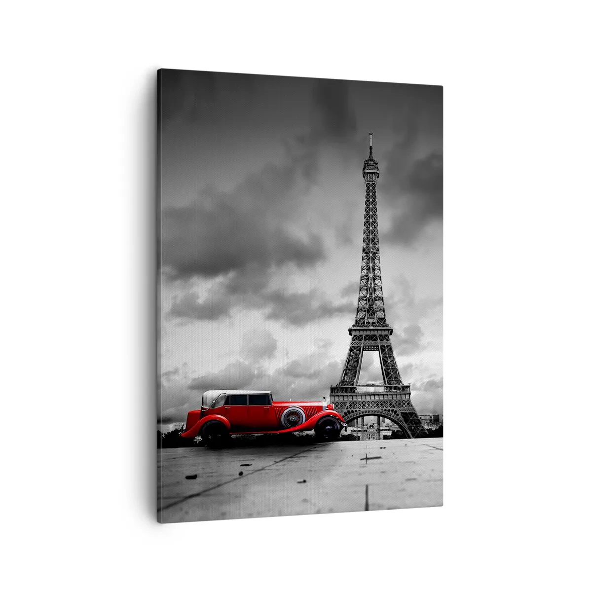 Impression sur toile - Image sur toile - Voiture rétro rouge devant la Tour Eiffel en noir et blanc - 50x70cm - Il n'y a pas si longtemps à Paris - Décoration murale moderne pour le salon et la chambre ARTTOR