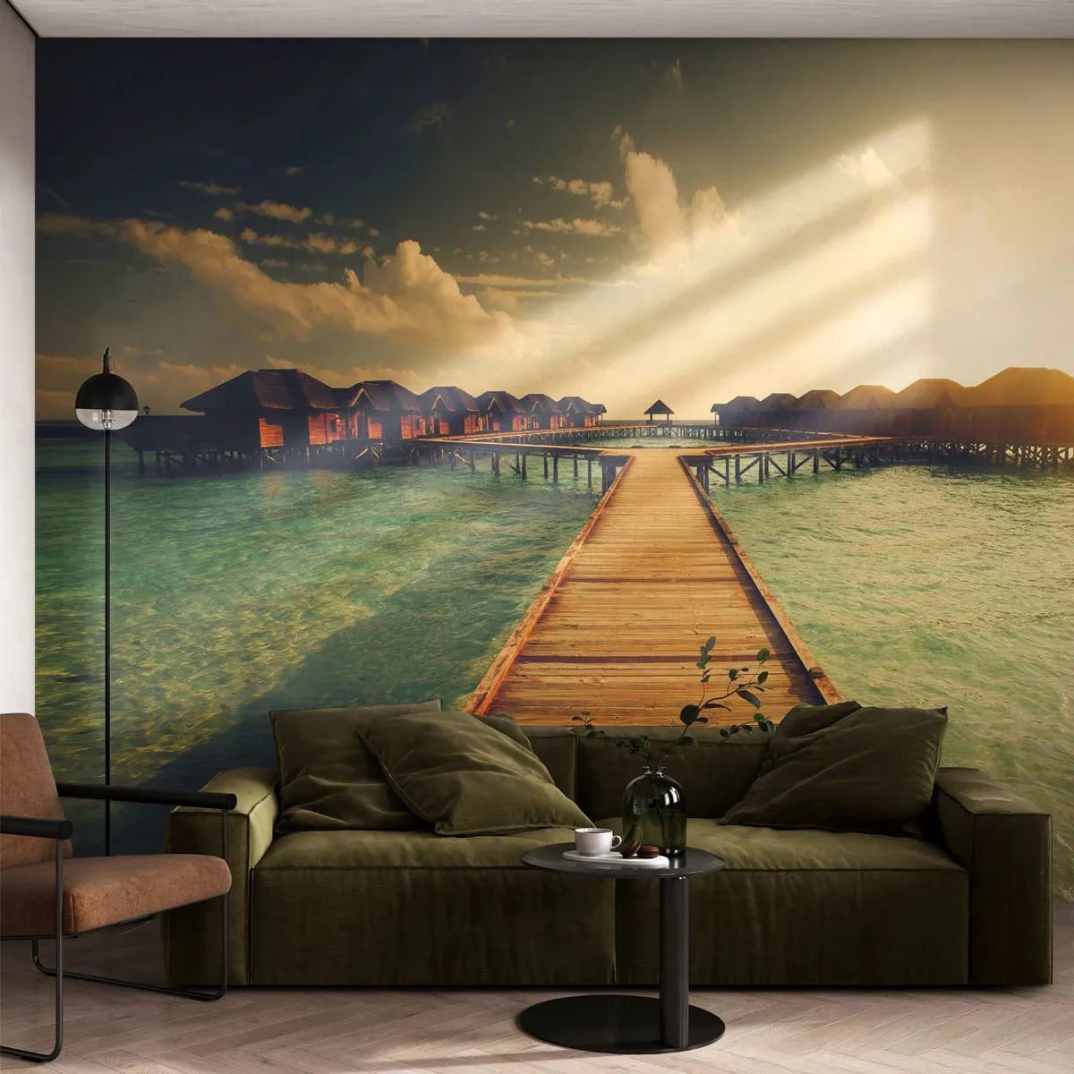 Papier Peint Photo Premium Canvas - Invitation chaleureuse - Maldives, Paysage, Maisons sur l'eau - 200x140 cm