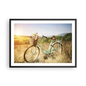 Affiche dans un cadre noir - Poster - Un vélo rétro avec un panier rempli de fleurs sur fond de prairie. - 70x50cm - Je vais rester un petit moment - Décoration murale moderne pour le salon et la chambre ARTTOR