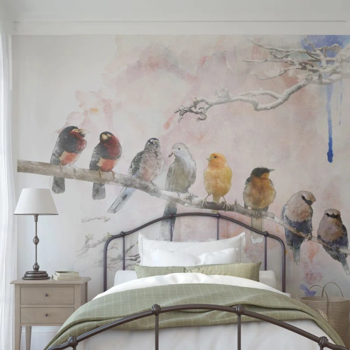 Papier peint sur mesure Premium Sand - Rencontre ailée - Des oiseaux, Nature, Graphique