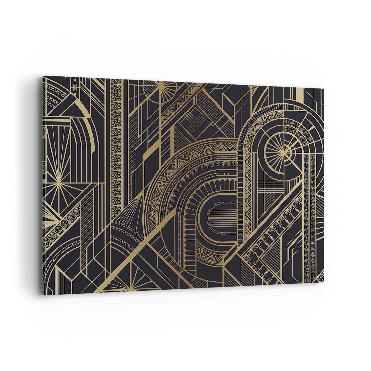Impression sur toile - Image sur toile - Motifs géométriques dorés sur fond noir dans le style Art Déco - 100x70cm - Concept, idée, plan - Décoration murale moderne pour le salon et la chambre ARTTOR