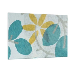 Impression sur verre - Image sur verre - Un graphique végétal avec des feuilles azur et des fleurs jaunes - 120x80cm - Wśród lazurowych liści - Décoration murale moderne pour le salon et la chambre ARTTOR