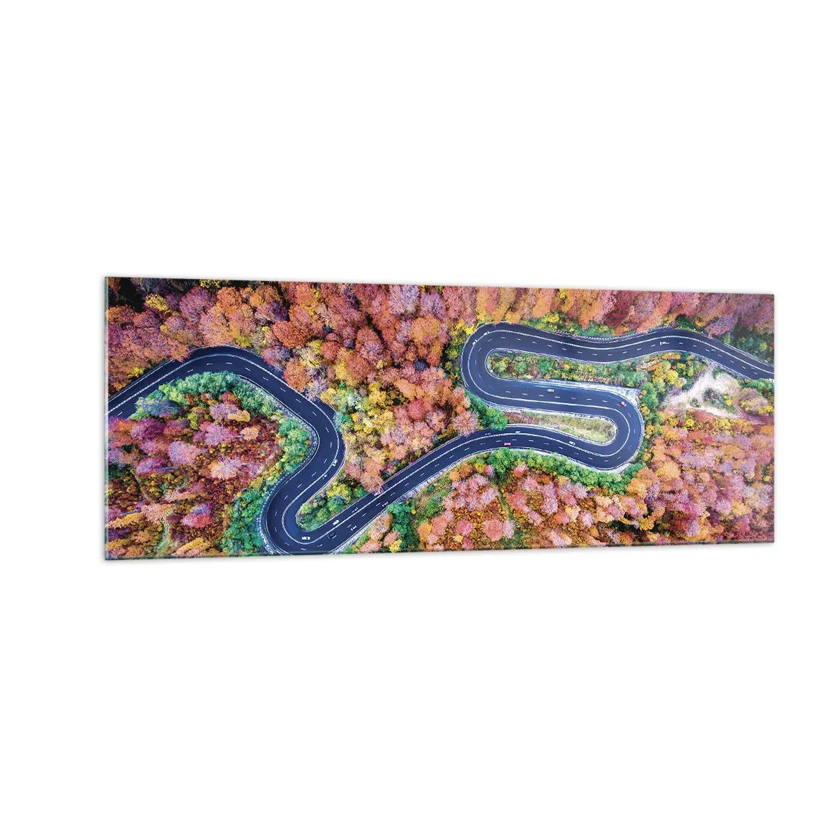 Impression sur verre - Image sur verre - Une route sinueuse dans une forêt d'automne vue à vol d'oiseau - 140x50cm - Route sinueuse à travers la forêt - Décoration murale moderne pour le salon et la chambre ARTTOR