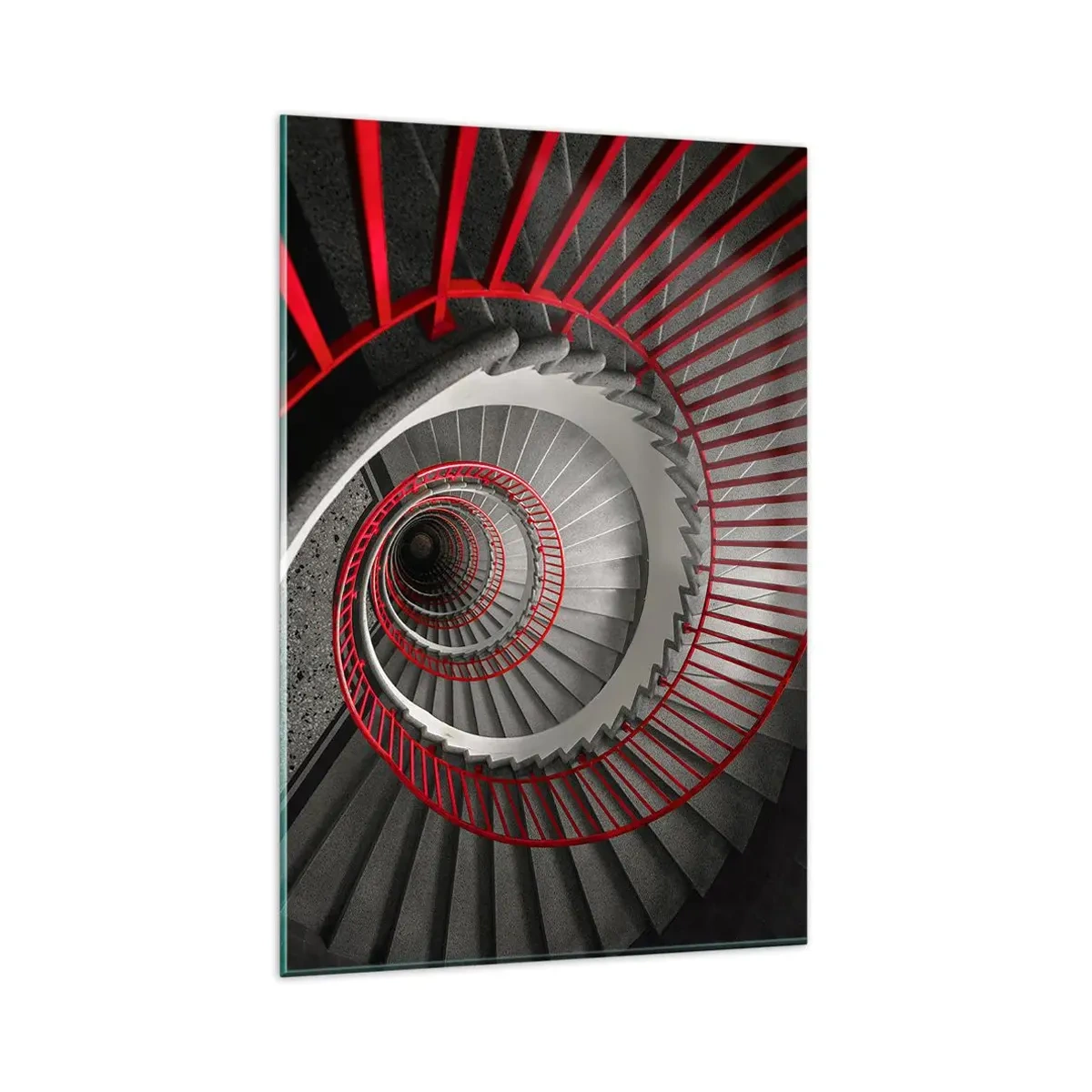 Impression sur verre - Image sur verre - Escalier en colimaçon avec rampes rouges dans une perspective dynamique - 80x120cm - Amusement architectural - Décoration murale moderne pour le salon et la chambre ARTTOR