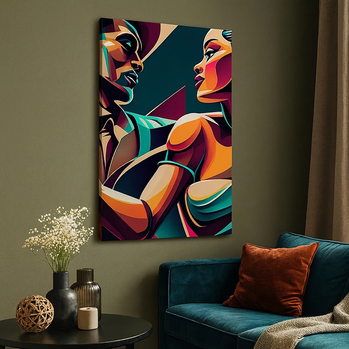 Impression sur toile - Image sur toile - Un couple stylisé dansant dans des couleurs vibrantes et géométriques. - 50x70cm - Au rythme du coeur - Décoration murale moderne pour le salon et la chambre ARTTOR