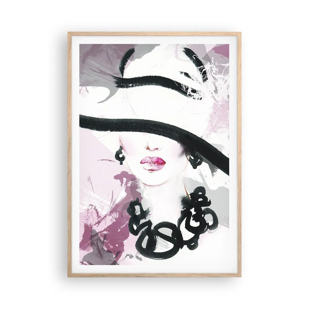 Affiche dans un chêne clair - Poster - Portrait d'une dame en noir et rose - 70x100 cm