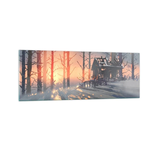 Impression sur verre - Image sur verre - Un chalet forestier dans un paysage hivernal avec les rayons du soleil couchant - 140x50cm - Seul le soleil regarde ici - Décoration murale moderne pour le salon et la chambre ARTTOR