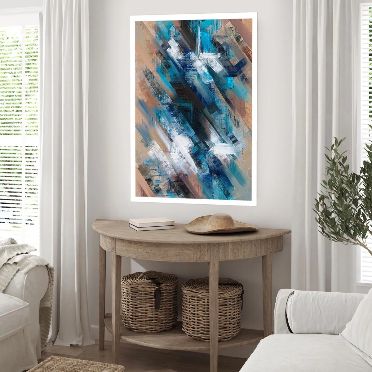 Affiche - Poster - Une composition abstraite avec des lignes diagonales dans des tons de bleu. - 50x70cm - Diagonale de bleus - Décoration murale moderne pour le salon et la chambre ARTTOR