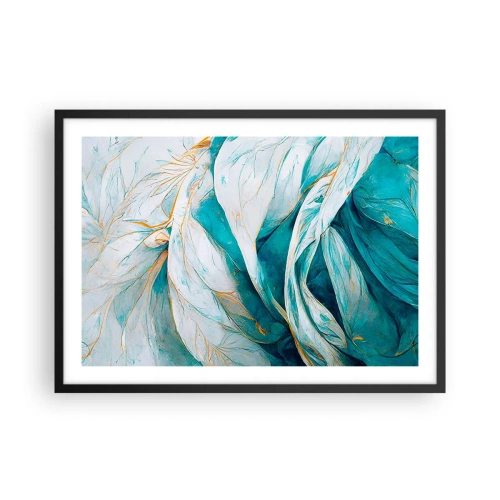 Affiche dans un cadre noir - Poster - Feuilles bleues abstraites avec des détails dorés - 70x50cm - Abstraction bleue avec un motif doré - Décoration murale moderne pour le salon et la chambre ARTTOR