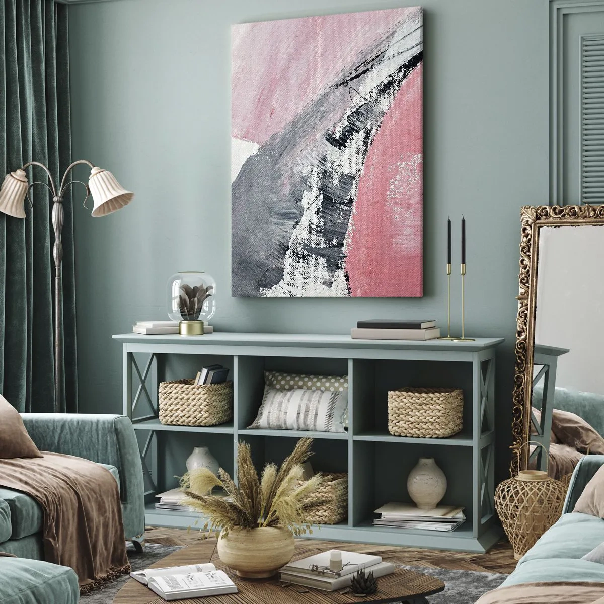 Impression sur toile - Image sur toile - Une composition abstraite dans les tons de rose et de gris. - 80x120cm - Composition assortie - Décoration murale moderne pour le salon et la chambre ARTTOR